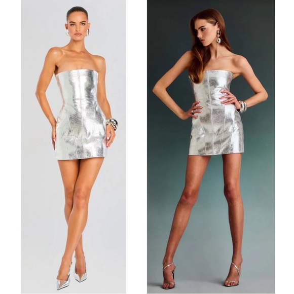 Retrofete Casmir Silver Leather Strapless Mini Dress Size Small - Picture 2 of 8